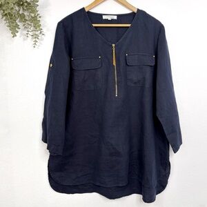 ELLEN TRACY • Navy Blue 100% Linen Top
